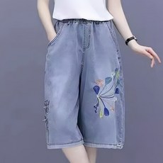 Makone 여성 데님 5부바지 여름 자수 하이웨이스트 베이직 얇은 와이드팬츠 청바지