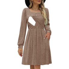 [ 939093 ] CzzzyL 여성용 수유 가을 드레스 스퀘어넥 긴소매 겨울 니트 스웨터 2024 포켓 포함 베이지