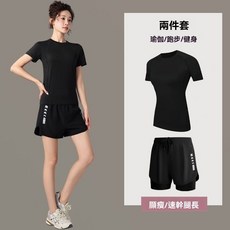 跑步運動套裝女夏季速乾冰絲t恤瑜伽服大碼短袖晨跑健身衣服高彈