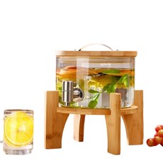 玻璃飲料桶 冷水壺 帶龍頭 泡酒瓶 兩用, 1個, 圓柱龍頭+竹木底座, 透明白, 3L