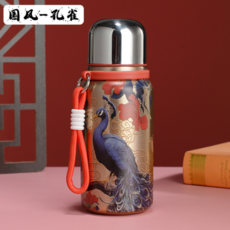 國風復古保溫杯，孔雀圖案，便攜提手，大容量，隨行杯, 國風小鋼炮【金孔雀】, 400ml