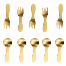 스텐304 디저트 커트러리 포크 가정용 손잡이 귀여운 짧고 아이스크림 스푼 간식 포크세트, 골드, 1세트, 커트러리10p