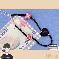 相機の店 Y2K 復古風 CCD相機手機串珠掛繩 蝴蝶愛心鐵牌吊墜 手機鏈, 1個