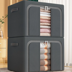 加厚布藝收納箱 服裝級親膚無異味 加厚鋼架承重, 單窗雙開門深灰色24L, 1個