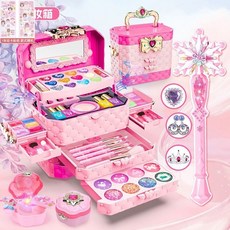 瀾錦書捨 女孩兒童化妝品套裝 無毒彩妝盒 3-9歲 女童公主 生日新年禮物, 【音樂彩妝手提箱】+魔法棒5件套+音樂盒, 1個