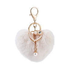 1개 섬유 소재 하트 폼폼 볼 키체인 합금 모조 진주 장식 꽃무늬 화이트 색상 135mm, 하얀색