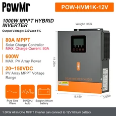 PowMr 1.5KW 태양광 하이브리드 인버터 12V 순수 사인파 충전 MPPT 80A Chage 컨트롤러 패널 150VDC 입력, 01 220-240V, 01 빠른, 02 1KW 12V