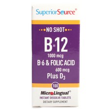 Superior Source No Shot B-12 1000mcg B-6 和葉酸 600mcg Plus D3 片劑, 1個, 100 件