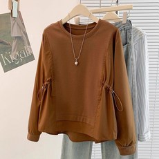 ORZQU 봄 여성 허리 조임 라운드 긴팔 맨투맨 솔리드 심플 베이직 상의