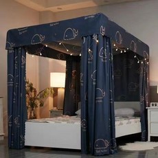 家用臥室遮光床幔落地三開門防風床簾四季通用蚊帳支架一體式保暖, 灰兔（桿+簾)送風扇杆,1.0米寬  2.0米長