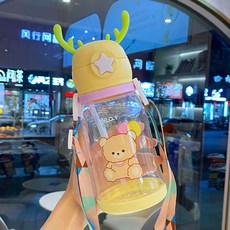 卡通兒童水杯 附吸管 鹿角造型, 1個, 黃色