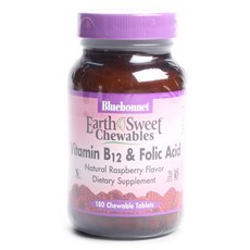 Bluebonnet 維他命B12與葉酸無麩質純素咀嚼錠 覆盆子口味, 1罐, 180顆