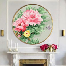심스타 실십자수 원형 핑크 모란꽃 도안 세트 패키지, 1개, 40x40cm면사
