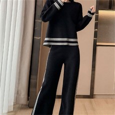 AOKADA 여성 봄 가을 루즈핏 라운드 긴팔 맨투맨 티셔츠 와이드 팬츠 상하의 투피스 세트