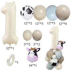 1세트 농장 동물 카톤 돼지/암소 풍선 어린이를위한 크림 호일 번호 테마 생일 장식 DIY, 01 as picture shows, 02 19pcs No.1