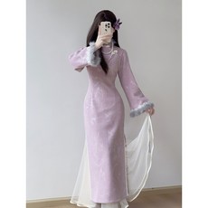 紫色旗袍 連衣裙 2026新款 新中式少女 修身改良 宴會禮服 秋冬加絨加厚 氣質長裙 傳統服飾