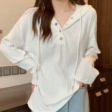 골지 버튼 포인트 여성 스타일 루즈핏 후드 티셔츠