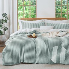 순한 파란색 텍스처 줄무늬 지퍼 자카드 워싱 3개 100 이불 커버 클로저 코튼 보호, 1 06 Heathered Green & White (, Twin (68"x90")