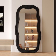 異形邊框全身鏡 落地支架鏡 家用服裝店穿衣鏡, 高清防爆波浪鏡-波浪鏡【碳黑,160cm*50cm支架款