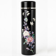 중앙공예관 천연 자개 텀블러 500ml 프리미엄 SUS 316 스테인리스 텀블러 차망포함 물 비린맛 없는 텀블러 나전칠기, 목단 흑색, 1개