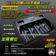 Lii-D4 USB充電器 TYPE-C 四槽加寬 18650 26650 21700 鋰電池 鎳氫 9V 充電器, 1個, Lii-D4四槽加寬槽位(空機)