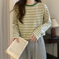 데일리티셔츠 루즈핏 스트라이프 그린컬러 배색, 본상품