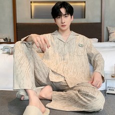 純棉翻領長袖睡衣套裝 男士大碼寬鬆家居服