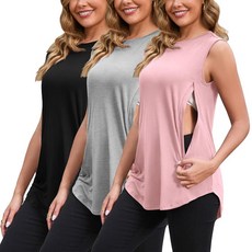 GINKANA Women 3-Pack Sleeveless Breastfeeding Shirt Hidden Zippers Pumping Tank Crewneck Loose Hem