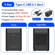 ORICO 5베이 3.5인치 SATA 하드 드라이브 인클로저 HDD 도킹 스테이션 USB Type-C 외장형 케이스 90TB 스지, 06 Type-C AU Plug