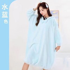 長款珊瑚絨浴袍, 水藍色 連帽款