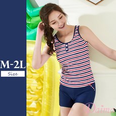 黛瑪Daima女泳裝 英倫海軍風比基尼 兩件式泳衣 M-2L 藍色系時尚新款, 藍色,L