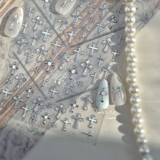 고급 입체 3D 크로스 십자가 라인체인 엠보 네일스티커+미니파일, 1개, 실버