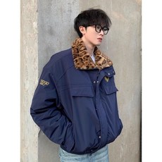 加絨加厚豹紋毛領工裝棉服夾克外套