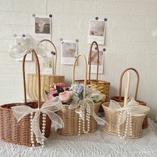 ME 手提籃子 爆款DIY手工編織花籃 結婚伴手禮 創意提籃 幹花/插花藤編 收納裝飾籃子, 塑藤圓口方底,花籃, 1個