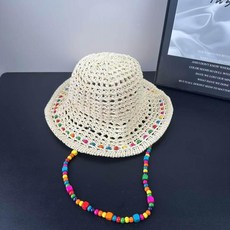 草編遮陽帽，彩色串珠裝飾，可摺疊漁夫帽, 彩珠鏤空手工漁夫帽-米色【#290,M（56-58cm）彩色圓珠鏤空