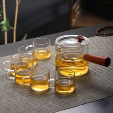 側把玻璃煮茶壺 功夫過濾分離泡茶器 加厚耐高溫 花茶壺, 1個, 直覺木把壺+6透明把盃