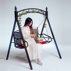 흔들그네의자 거실 테라스 파라솔 야외그네 야외용 행잉체어, 일반블랙+꽃덩굴+쿠션+랜턴+도구, 1개