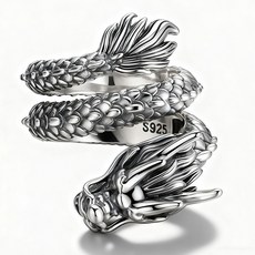 S925純銀龍戒指，復古龍形開口戒指，男女皆宜個性時尚飾品