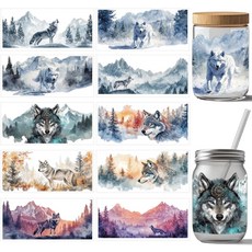 PVC UV 전사 컵 스티커 다양한 패턴 디자인 코팅 장식용 DIY 리무진 10장 세트 24x11cm, 늑대