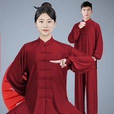 太極服 武術服裝 中老年運動晨練打拳練功服 中國風八段錦套裝, 棗紅色長袖套裝,2XL