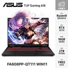 ASUS 2026 TUF 게이밍 A16 라이젠9 라이젠 8000 시리즈 지포스 RTX 5070, 예거 그레이, FA608PP-QT111, 1TB, 16GB, Free DOS