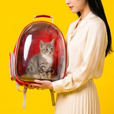 우아지오 반려동물 투명 외출가방 우주선 백팩, 1개, 레드