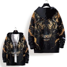 ROYALBELLE 남성 후드집업 지퍼 포켓 호랑이 프린트 디자인 루즈핏 편안한 캐주얼 데일리 감각적인 스타일 패션 맨투맨 A0092304