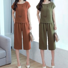 면마 캐주얼 패션 세트 중년여성 엄마복 상하의투피스 얇은 시원한 반팔티셔츠+스트링 밴딩 7부 통바지 빅사이즈 심플 무지