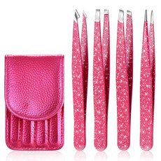 글리터 눈썹 핀셋 세트 4종 스테인리스 고정밀 족집게 인그로운 헤어 제거용 가시 제거 얼굴 털 제거 속눈썹 연장용, 글리터 로즈레드, 1개