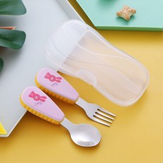 不銹鋼餐具 304餐具 訓練吃飯 附收納盒 兒童湯匙 叉子, 1個, 餐具-粉兔附盒