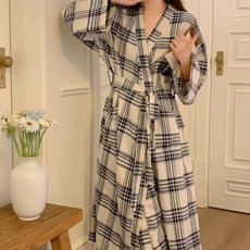 ORZQU 봄가을 여성 체크 가운 긴팔 브이넥 루즈핏 캐주얼 가운 겉옷 가능