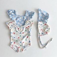 마이베베 여아 돌 아기 유아동 셔링 원피스 수영복+수영모 세트
