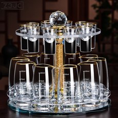 Z3JC 水晶玻璃白酒杯分酒器家用喝酒杯子套裝帶刻度酒具輕奢一口杯高檔, 1個, 【10壺10杯旋轉架】金邊分酒器100ml+金邊酒杯:如圖