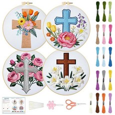 BEUNITONE 초보자를 위한 Spring 난쟁이 자수 키트 DIY 스탬프 십자수 공예 4가지 사전 인쇄된 디자인 실 바늘 홈 데코용 원단을 포함한 완벽한 올인원 세, 십자가